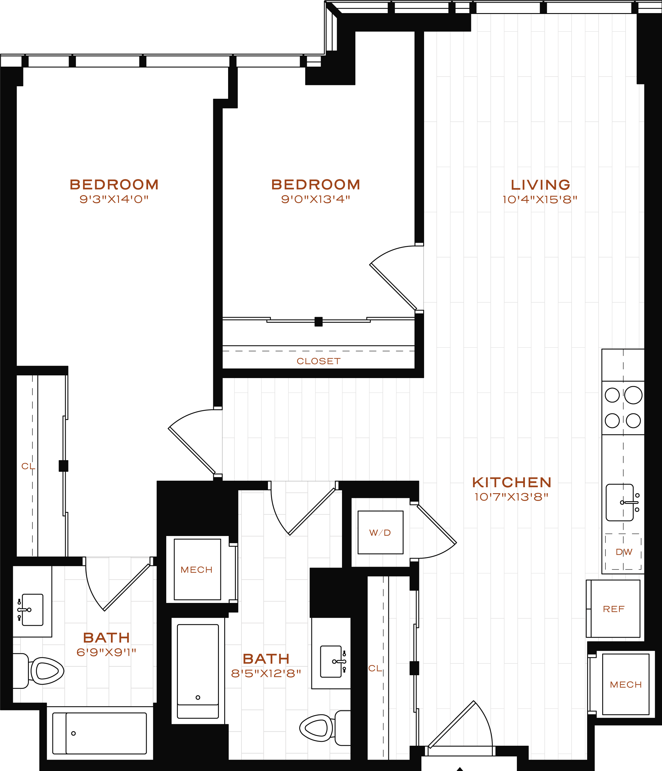 Rendering of the 2 Bed-2 Bath Floor Plan
